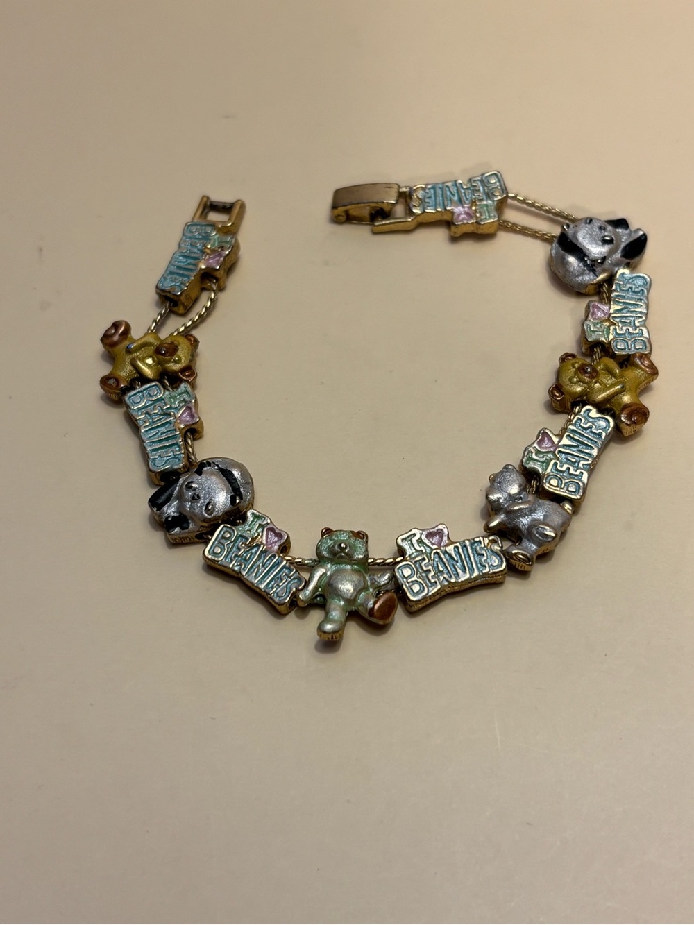 🌻Gold Tone ‘I Love Beanies’ Multicolor Teddy Charm Bracelet